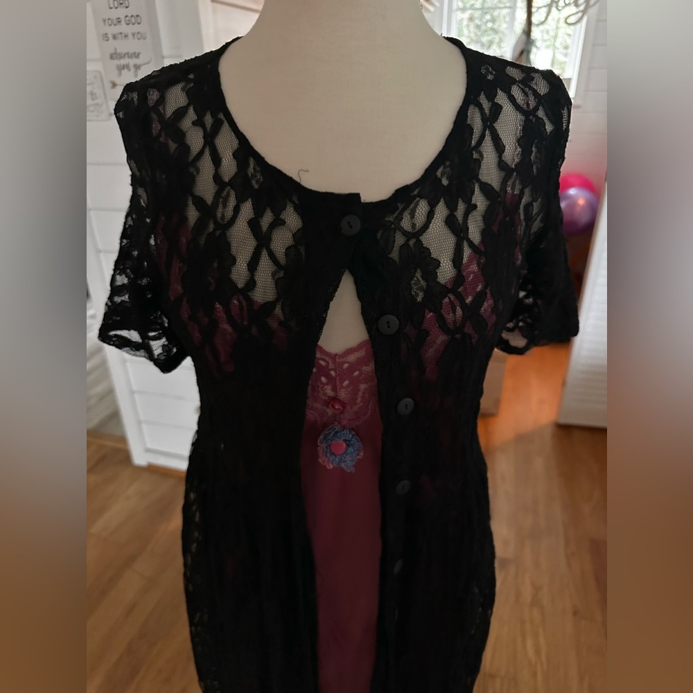 Black stretch lace button down dress